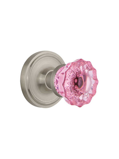 Classic Rosette Door Set with Colored Fluted Crystal Glass Knobs Pink in Satin Nickel.